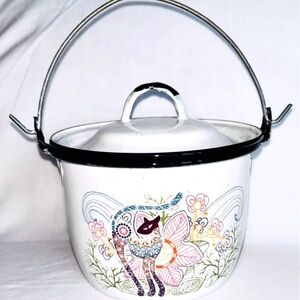 Vintage Enamel Pot Cinsa Mexico Mid Century Modern Cat Enamelware Flower Power